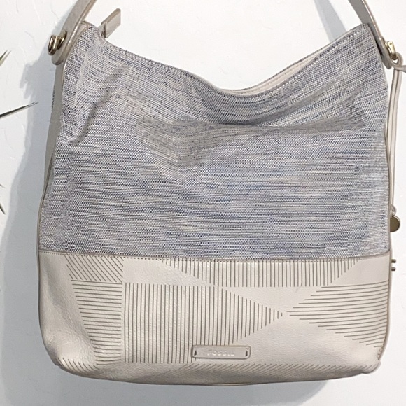 Fossil Maya Hobo Canvas Leather Cream Light Blue Crossbody - Picture 7 of 17